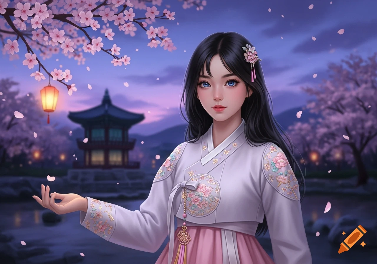 Digital art of a young woman in a traditional Korean hanbok, standing under cherry blossoms with a pagoda and lantern in the background at dusk.