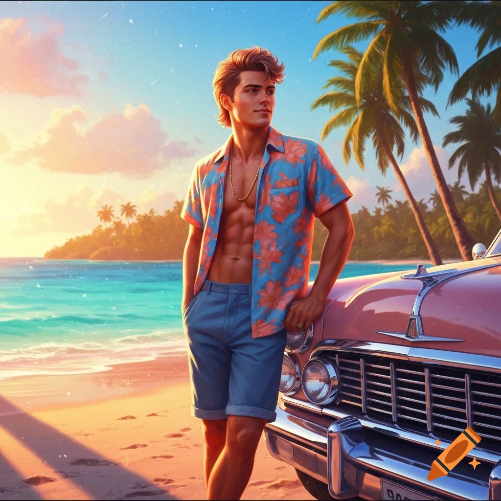Stylized illustration of a man with an open Hawaiian shirt and shorts leaning on a pink classic car at a vibrant tropical beach during sunset.
