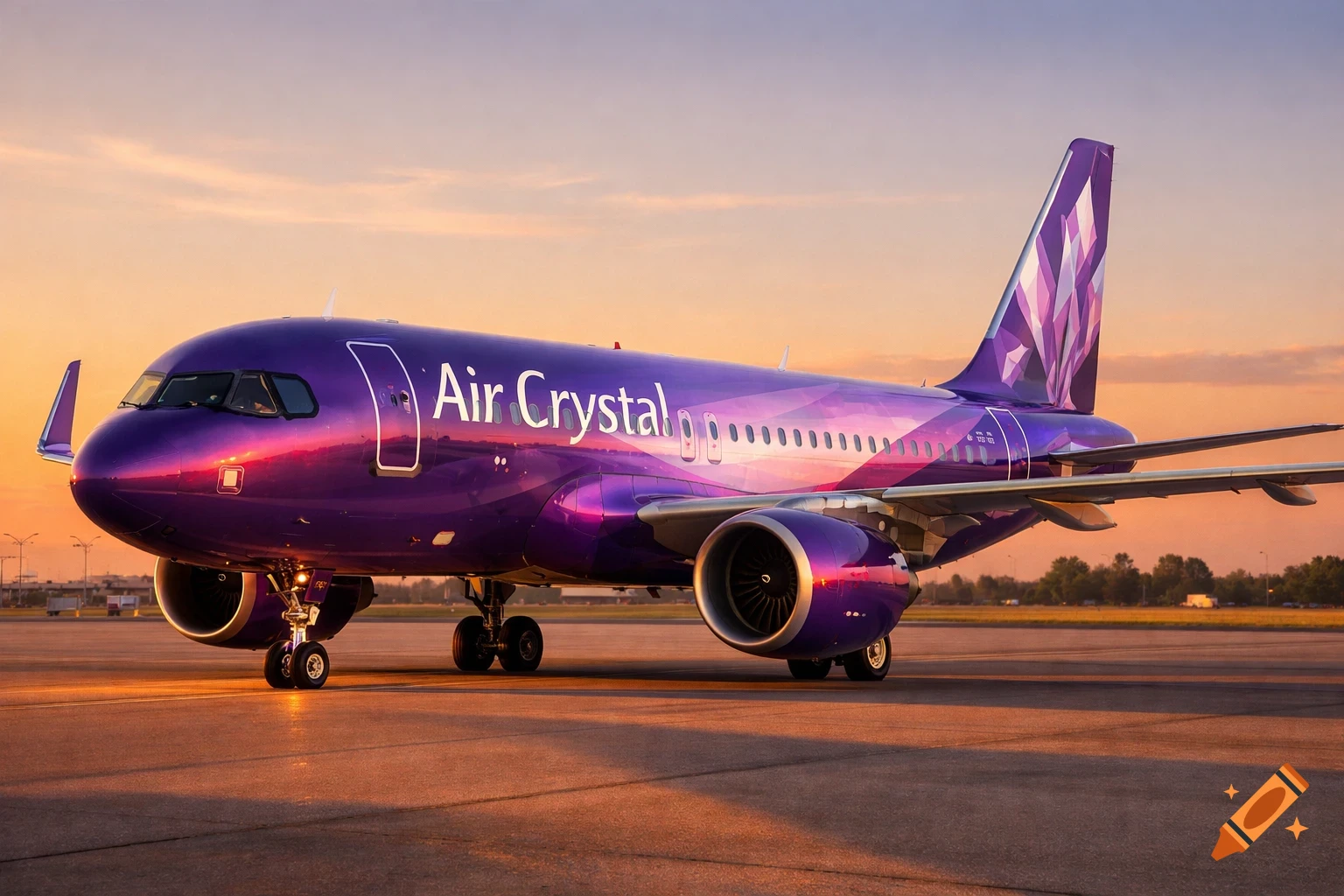 A purple Air Crystal Airbus A320neo airplane parked on an airport apron during golden hour, with warm sunlight reflecting off its fuselage.