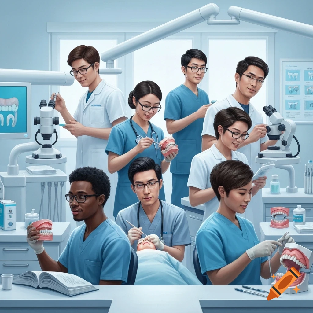 A group of diverse dental students, mostly East Asian, practicing procedures in a clinical setting with dental models and equipment. Some wear scrubs, others lab coats.