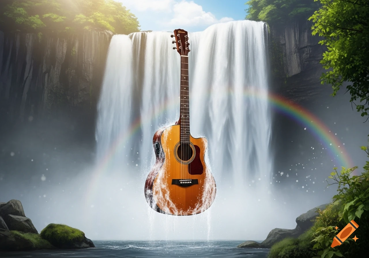 An acoustic guitar floats amidst splashing water in front of a majestic waterfall, with a colorful rainbow arcing over the misty scene.