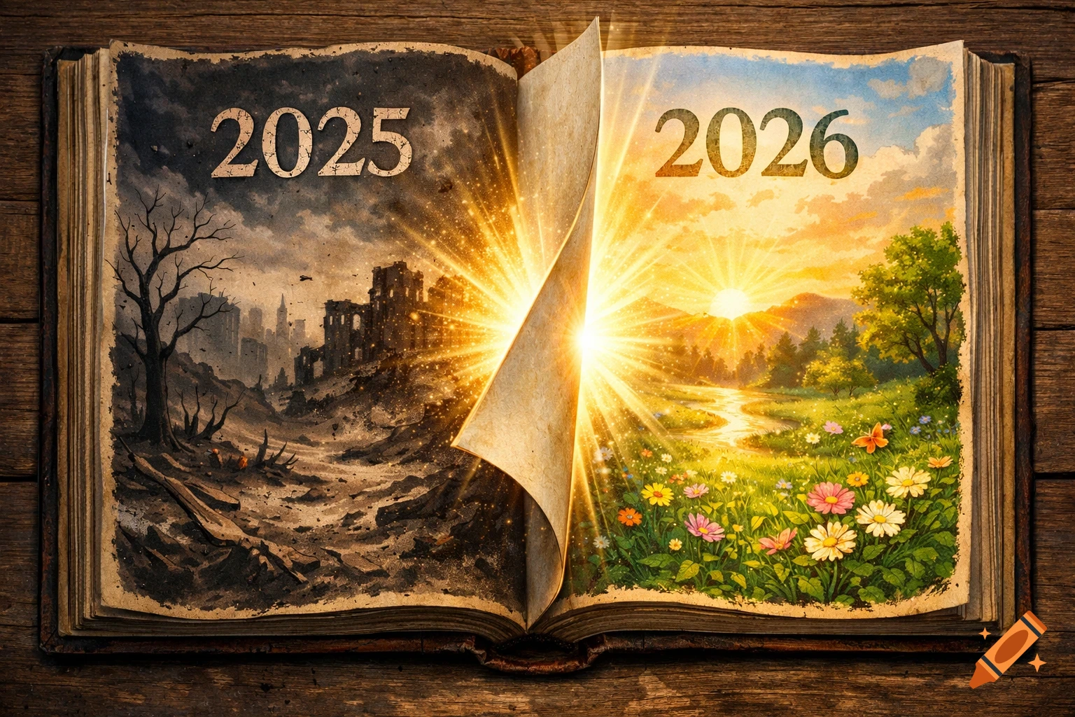 An open book shows a dark 2025 landscape on the left and a bright 2026 landscape on the right, separated by a glowing turning page.