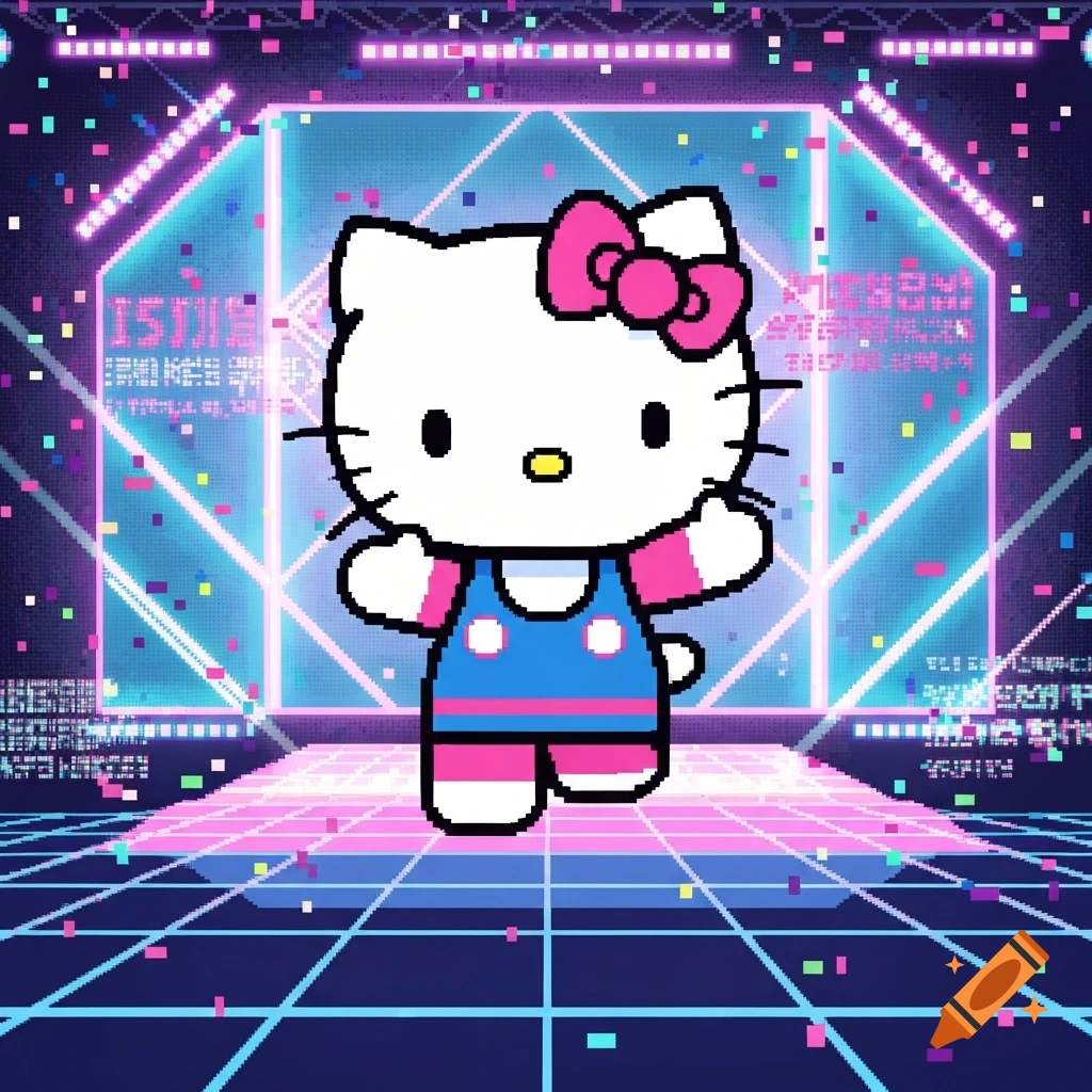Hello Kitty in pixel art style, wearing a blue outfit and pink bow, stands on a neon grid stage with colorful pixel confetti.