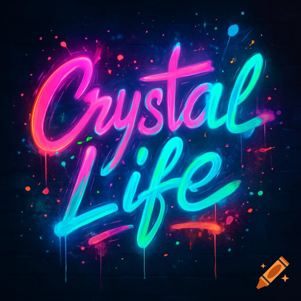 Neon pink and teal graffiti-style text spells 'Crystal Life' on a dark background with paint splatters.