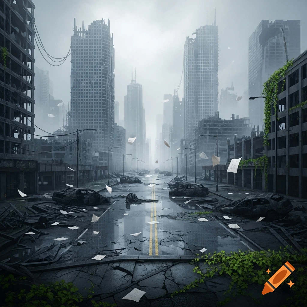 A desolate, ruined city street with abandoned cars, cracked pavement, and crumbling buildings under a foggy sky. Green vines grow on structures.