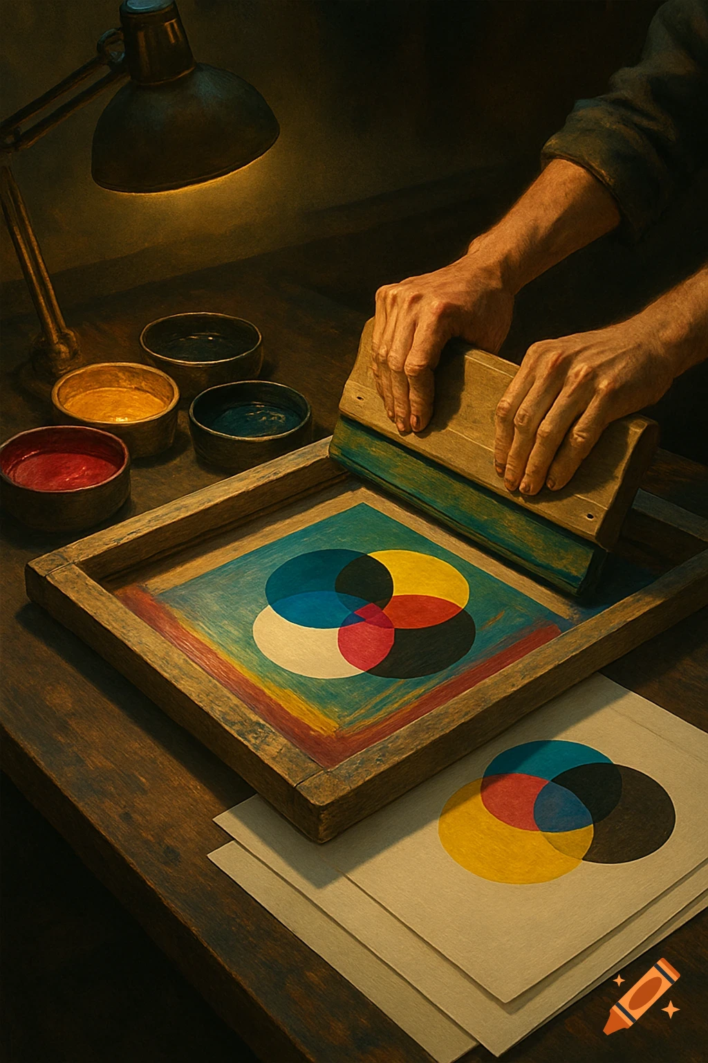 Hands operate a squeegee over a screen print with overlapping colorful circles, next to bowls of ink under a lamp.