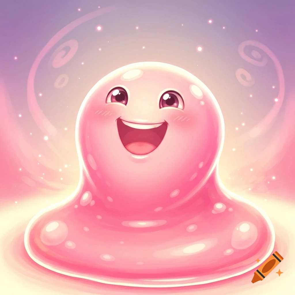 A cute, glossy pink slime creature smiles widely with blush marks, glowing against a soft pink and purple sparkling background.