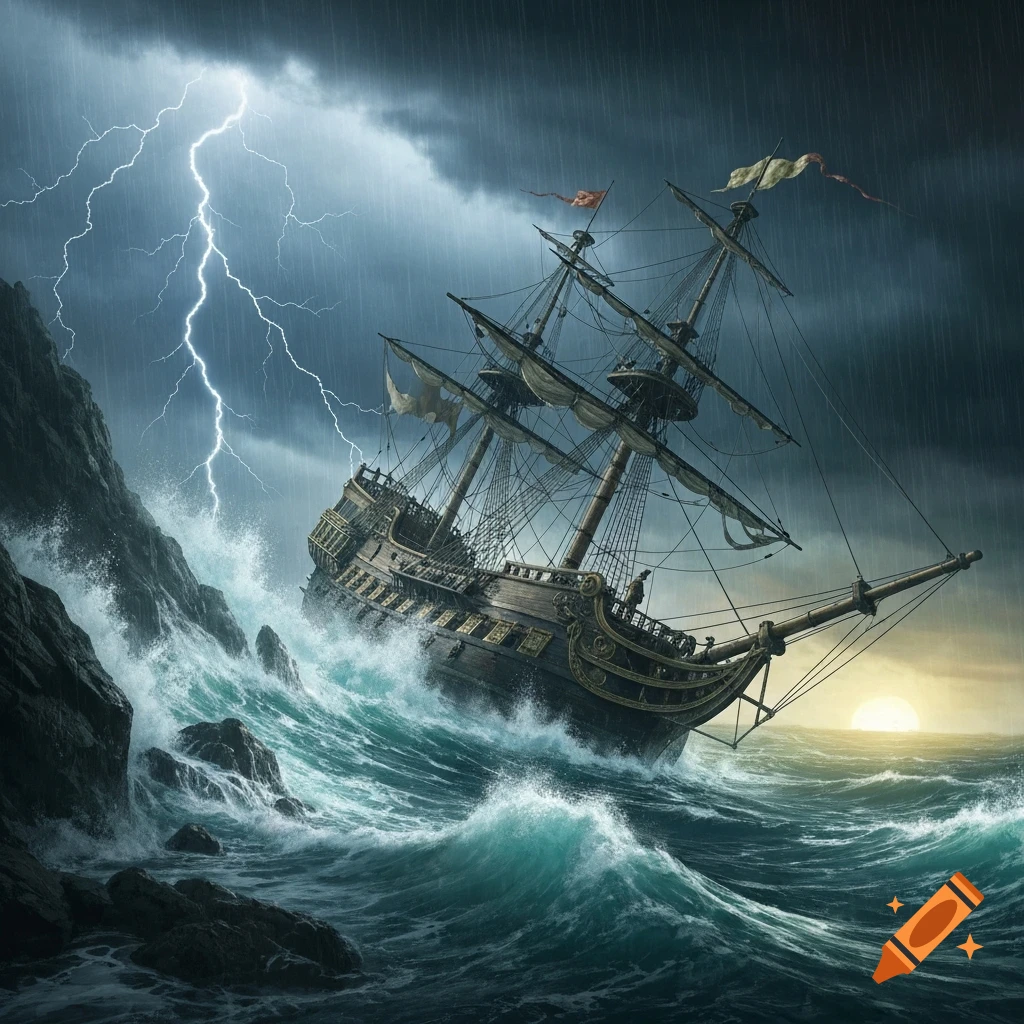 A magnificent galleon ship is battered by a violent storm with huge waves and a lightning strike near a rocky coast.