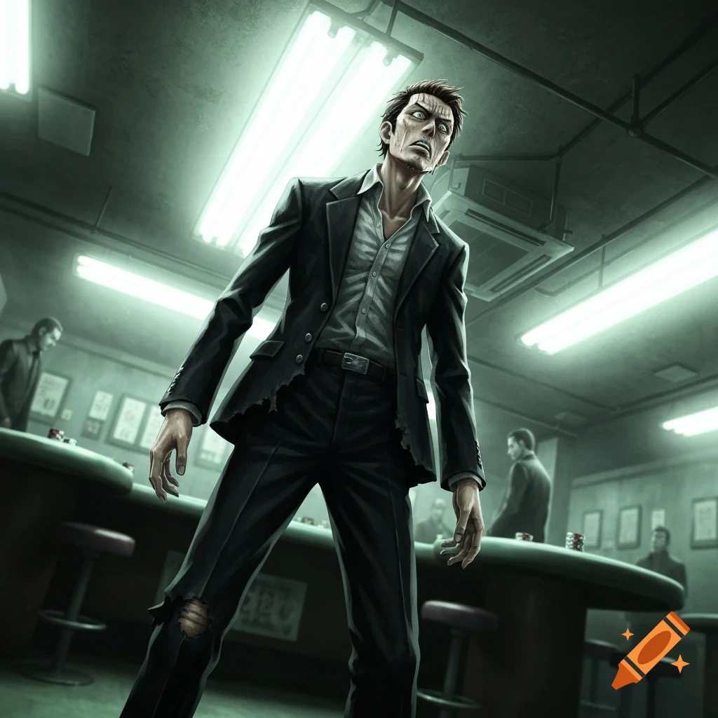 An illustration of a gaunt man in a tattered suit looking distressed in a dimly lit gambling hall.