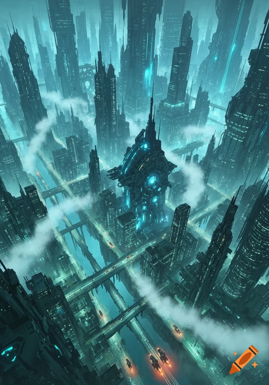 An aerial view of a vast, glowing blue-green futuristic city at night ...