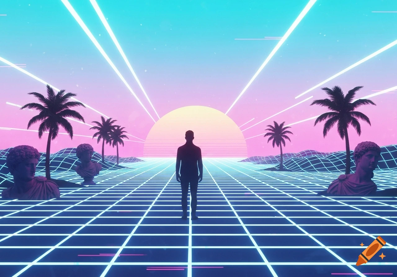 A person stands on a neon grid looking at a giant sunset in a retrofuturistic vaporwave landscape with palm trees and ancient busts.