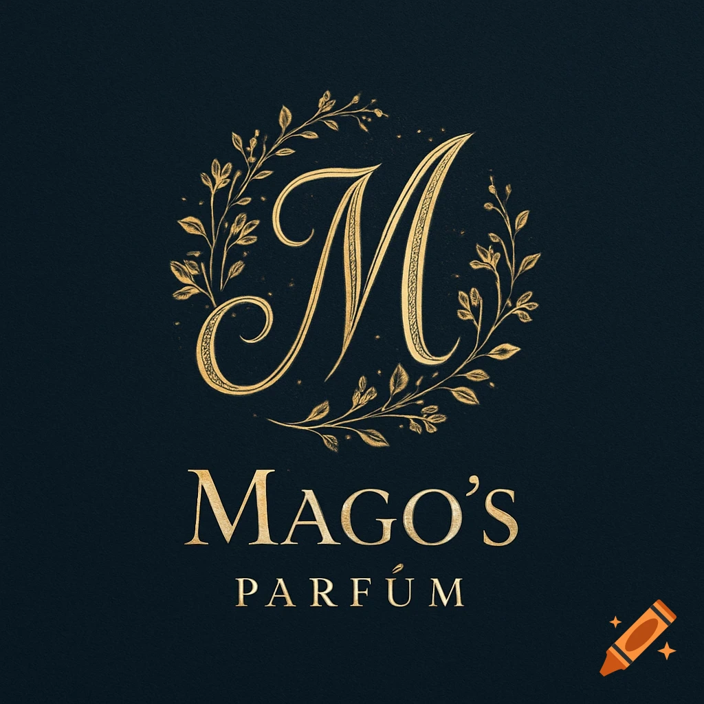 Elegant gold letter M with a floral wreath above 'Mago's PARFÚM' text on a dark blue background, logo style.