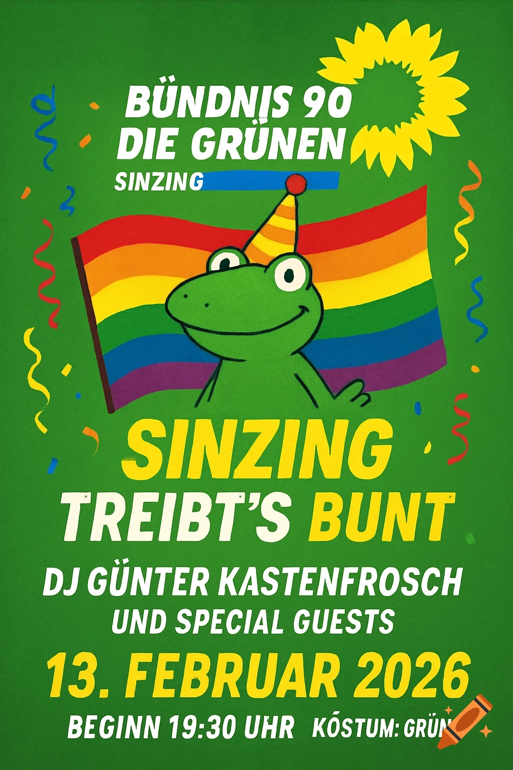A green poster with a cartoon frog wearing a party hat in front of a rainbow flag and a sunflower, with German text for a carnival party.