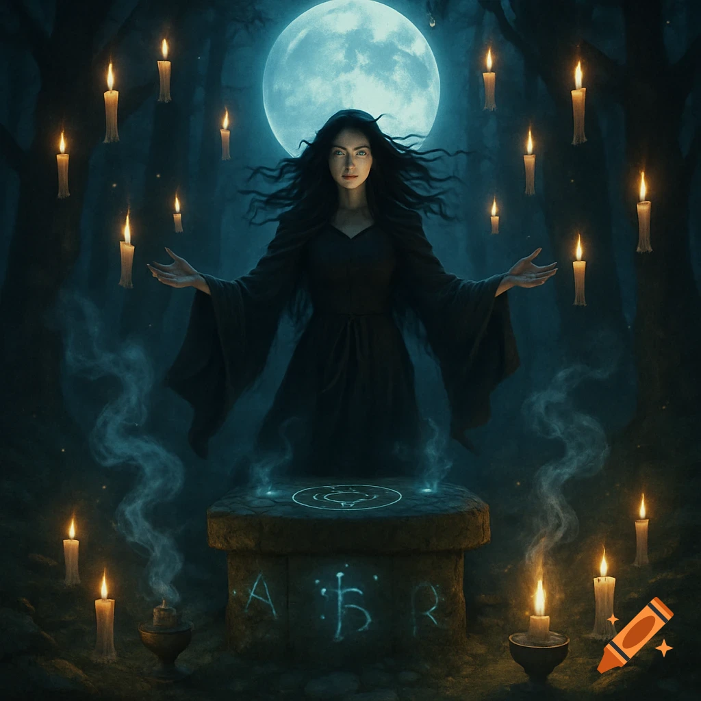 A witch in a dark dress performs a ritual in a forest, surrounded by floating candles and glowing symbols, under a full moon.