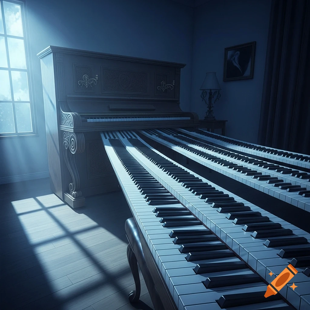 A surreal, dimly lit room features a piano with incredibly long keys extending across the wooden floor towards the viewer, illuminated by a window.