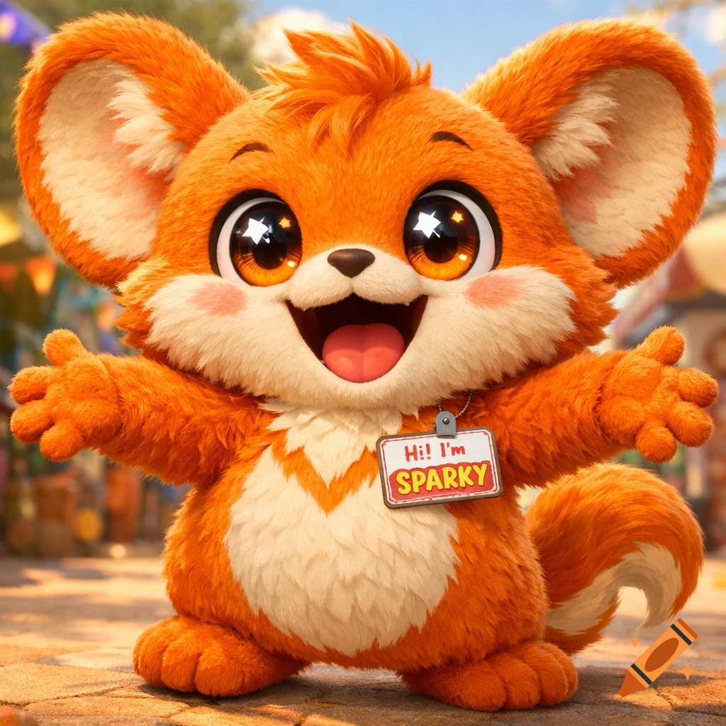 A fluffy orange cartoon creature with big sparkling eyes and a wide grin, wearing a name tag that says 'Hi! I'm SPARKYS'.