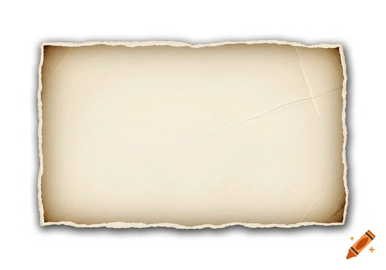 Blank rectangular vintage paper with torn edges and subtle creases on a white background.