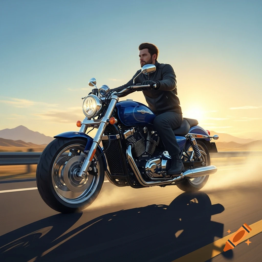 A man in a leather jacket rides a blue motorcycle on a highway at sunset, with mountains in the background.