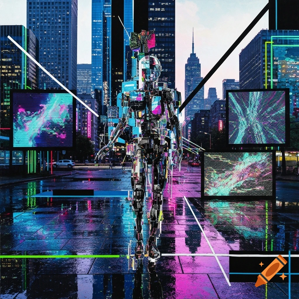A fragmented, glitchy robot stands on a wet, neon-lit cyberpunk city street at night, surrounded by digital screens and geometric lines.