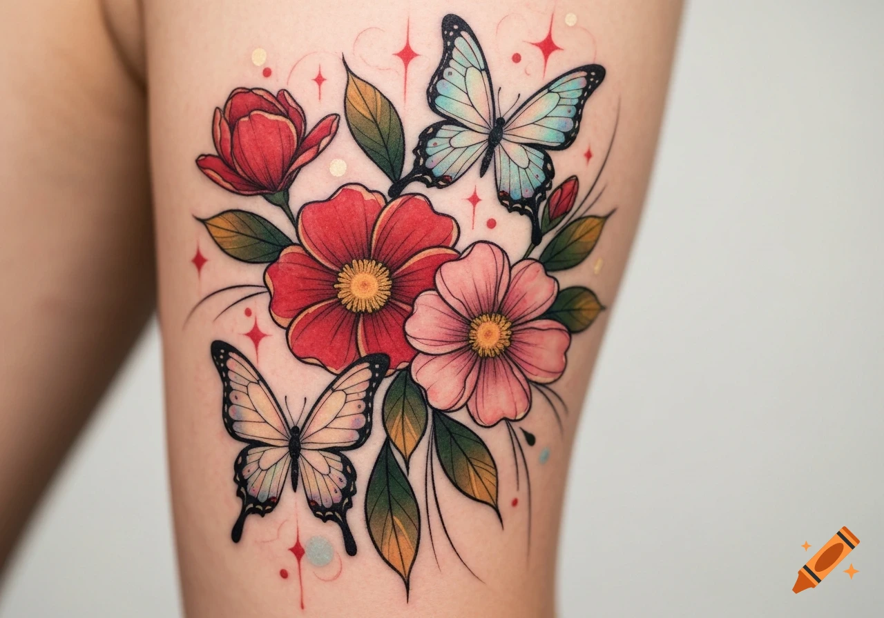 A colorful tattoo featuring red and pink flowers with green leaves, and two butterflies, one blue and one white, on a person's leg.