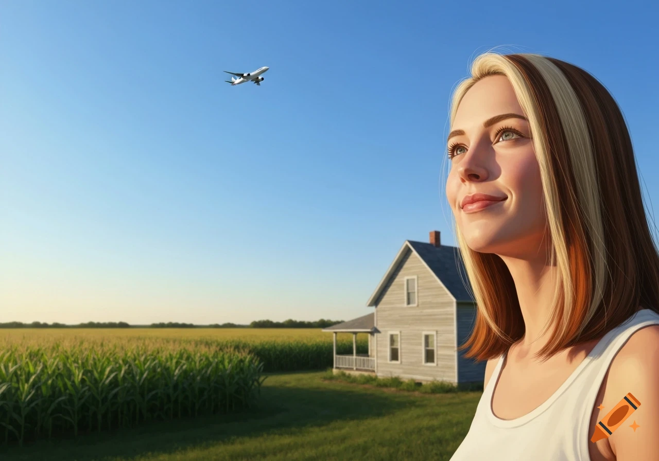 Young woman with blonde and brown hair looking up at an airplane in a clear sky, with a farmhouse and cornfields.