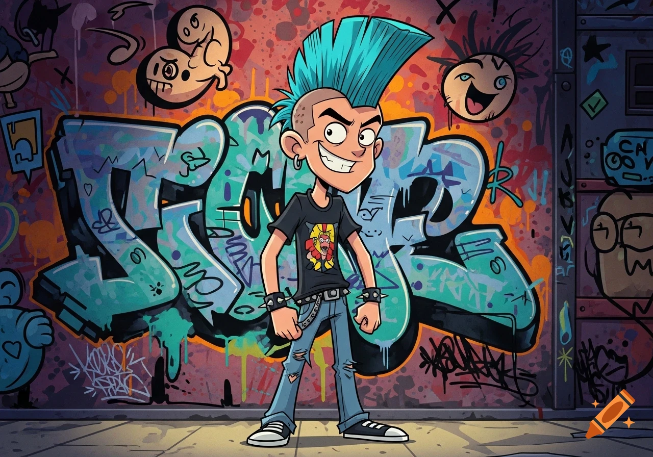 A smiling cartoon punk boy with a blue mohawk, ripped jeans, and a black t-shirt stands in front of a colorful, graffiti-covered wall.