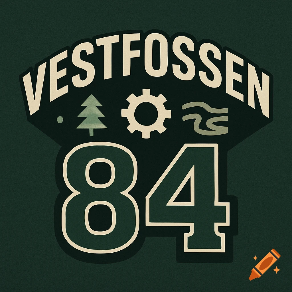A dark green and off-white t-shirt logo featuring "VESTFOSSEN" arched at the top, with a tree, gear, and wavy lines below, and "84" at the bottom.