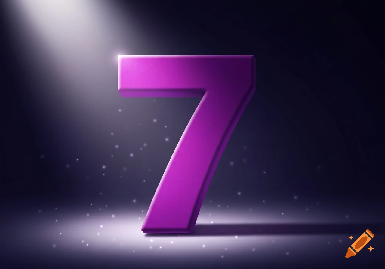 A glossy, three-dimensional violet number 7 illuminated by a bright spotlight on a dark, sparkling background.