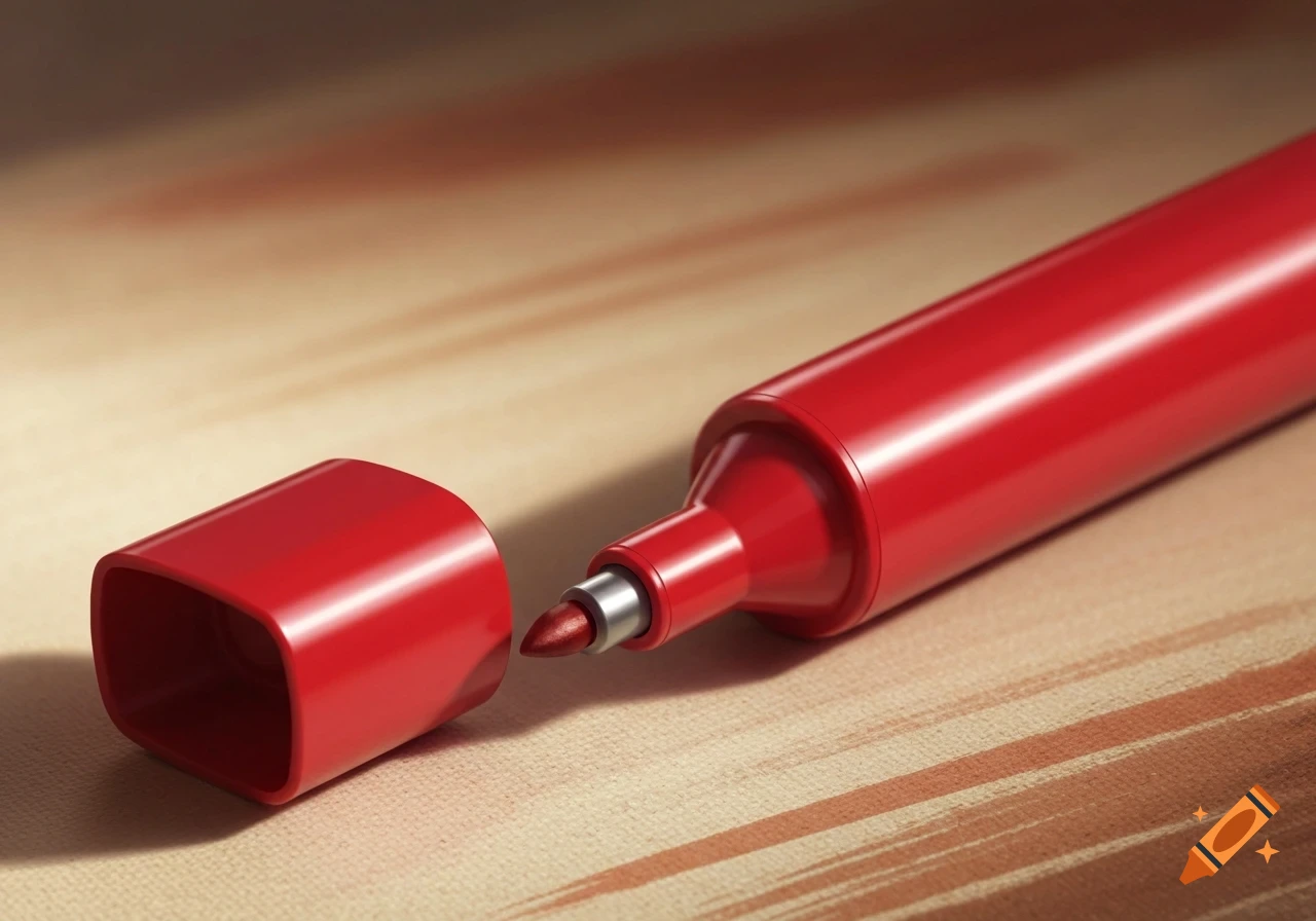 A red marker with its cap removed, resting on a light brown textured surface with faint red strokes, photorealistic.