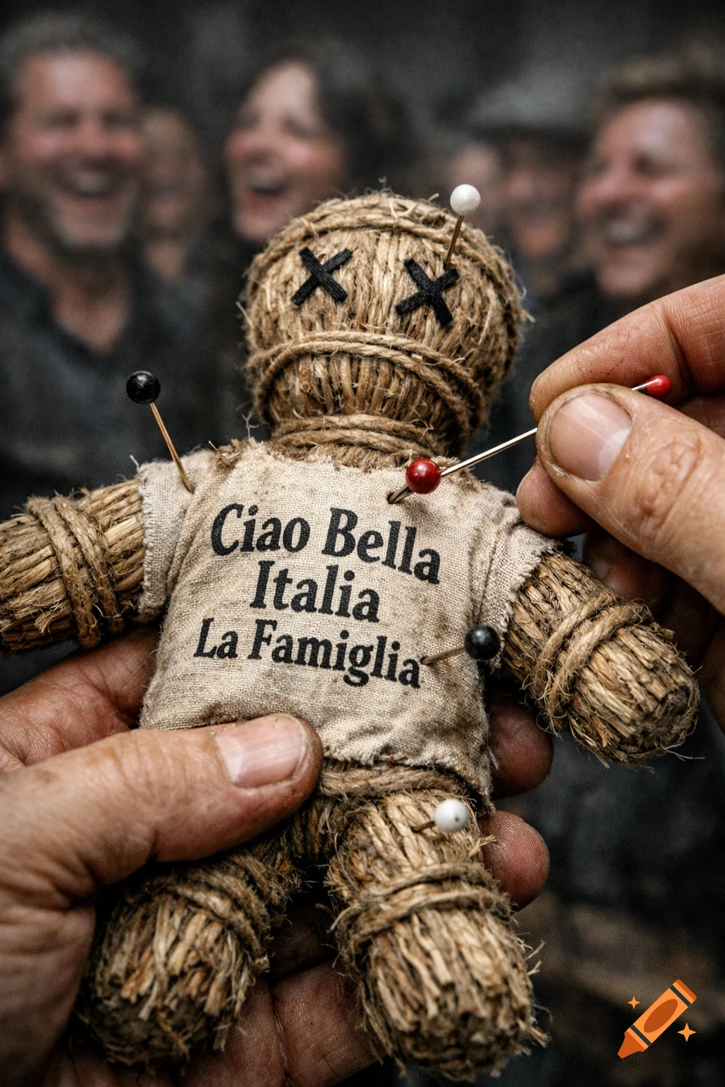 Close-up of hands holding a voodoo doll with "Ciao Bella Italia La Famiglia" on its shirt, being stuck with pins. Laughing people blur in the background.