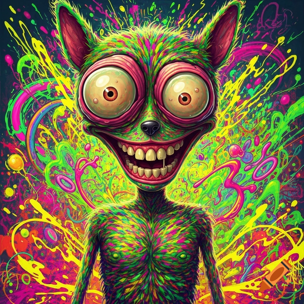 A psychedelic cartoon of a green, furry creature with huge bloodshot eyes and a wide, toothy grin, on a chaotic neon background.