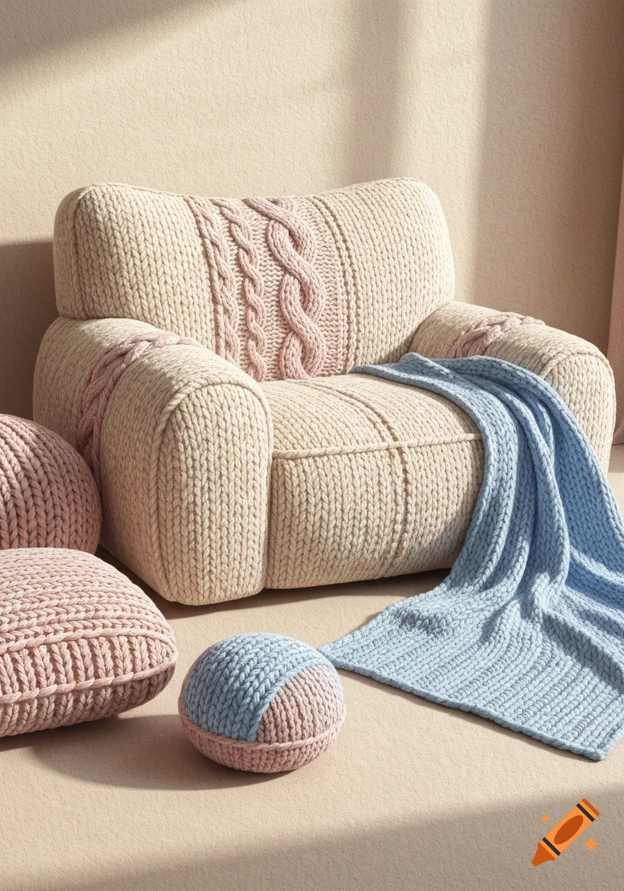 Cozy knitted armchair in beige with pink cable knit accents, pink cushions, and a blue blanket, bathed in sunlight.
