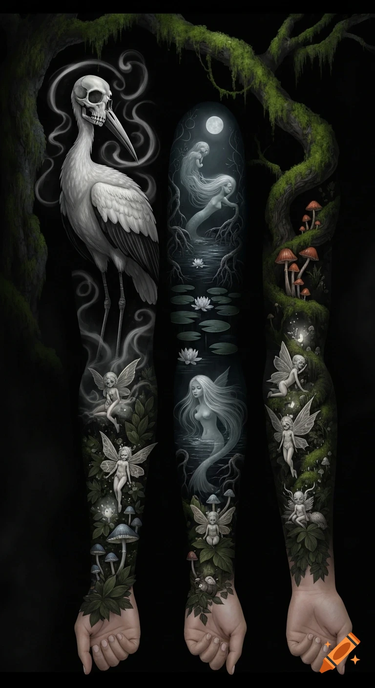 Three full-sleeve tattoos featuring a skull-headed stork, ghostly mermaids, and small winged fairies with mushrooms and mossy trees in a dark enchanted forest style.
