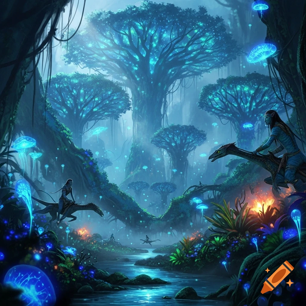 A vibrant bioluminescent fantasy jungle scene at night, featuring ...
