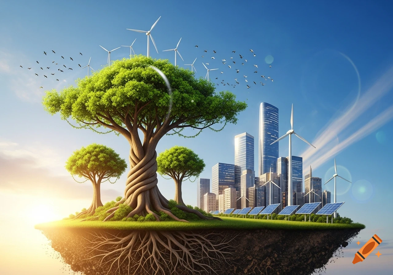 A vibrant floating island features a large twisted tree and green grass, with a city skyline, wind turbines, and solar panels on one side. Roots hang below the island against a clear sky.