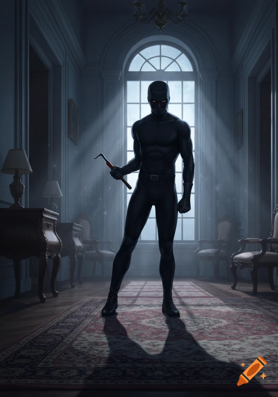 A person in a black stealth suit with red glowing eyes holds a crowbar in a dimly lit, grand room with large windows.