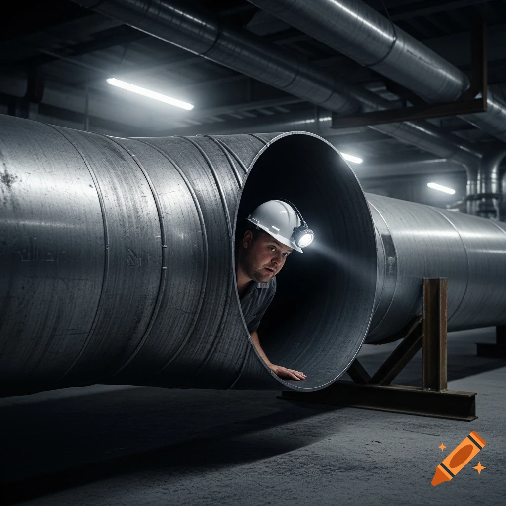 Photorealistic image of a man in a white hard hat with a headlamp, crawling into a large metal pipe in a dimly lit industrial setting.