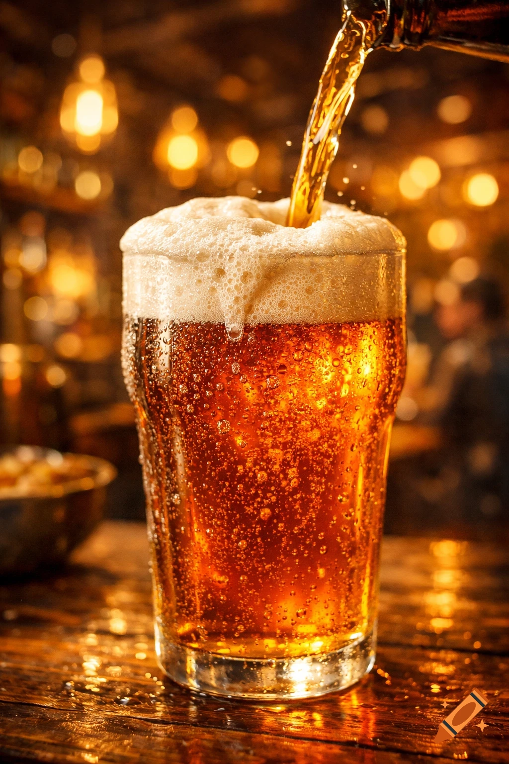 Close-up of beer being poured into a frosty glass, creating a rich head of foam, on a wet wooden table with a blurry bar background.