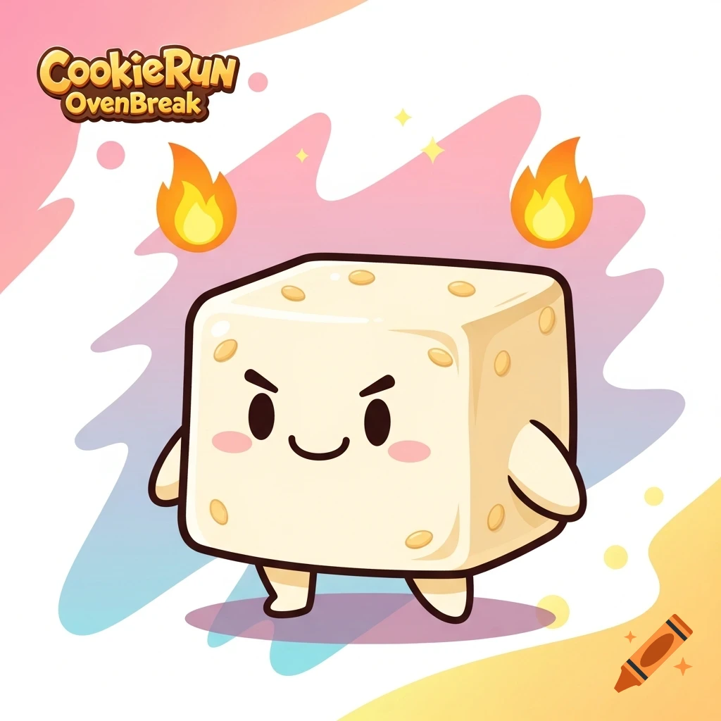 A cute, angry-looking, square marshmallow-like character from Cookie Run OvenBreak with fire above its head.