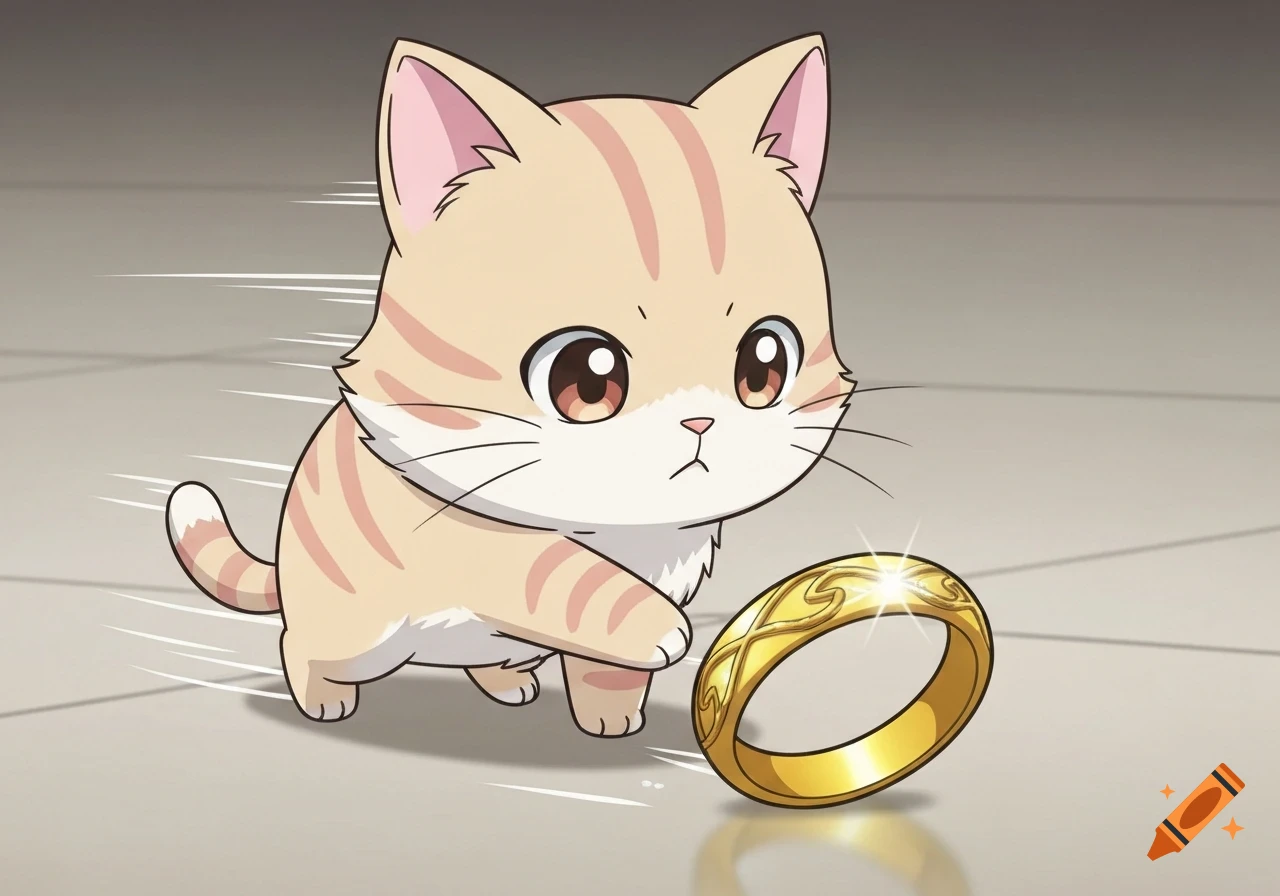 A chibi anime-style ginger tabby cat rolls a golden ring with intricate designs across a floor.