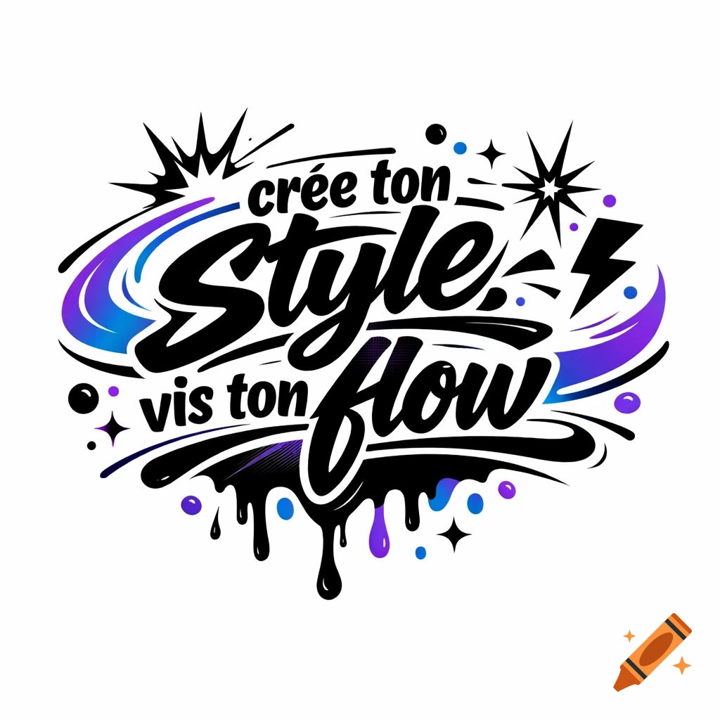 Black, purple, and blue graffiti-style typography reads 'crée ton Style vis ton Flow' with dynamic abstract elements.