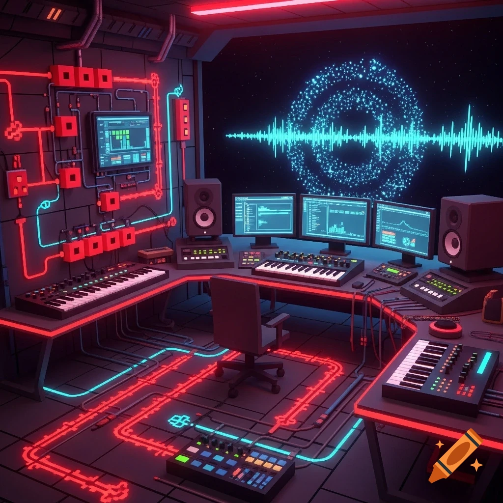 A futuristic music studio with red and blue glowing circuit lines, multiple screens displaying waveforms, keyboards, and sound equipment.