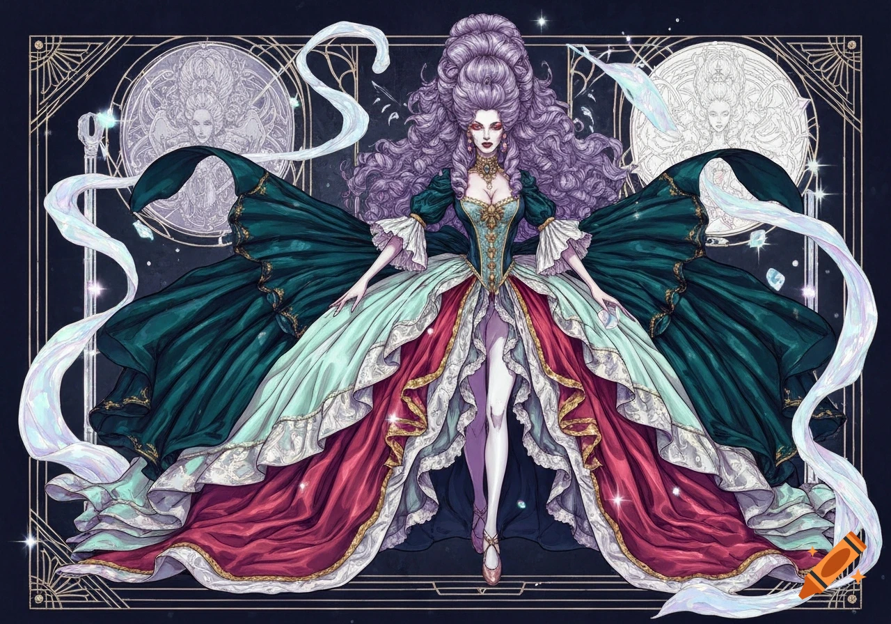 A stylized fantasy queen in a lavish rococo-futuristic gown with a tall purple wig and pale skin, surrounded by glowing ribbons.