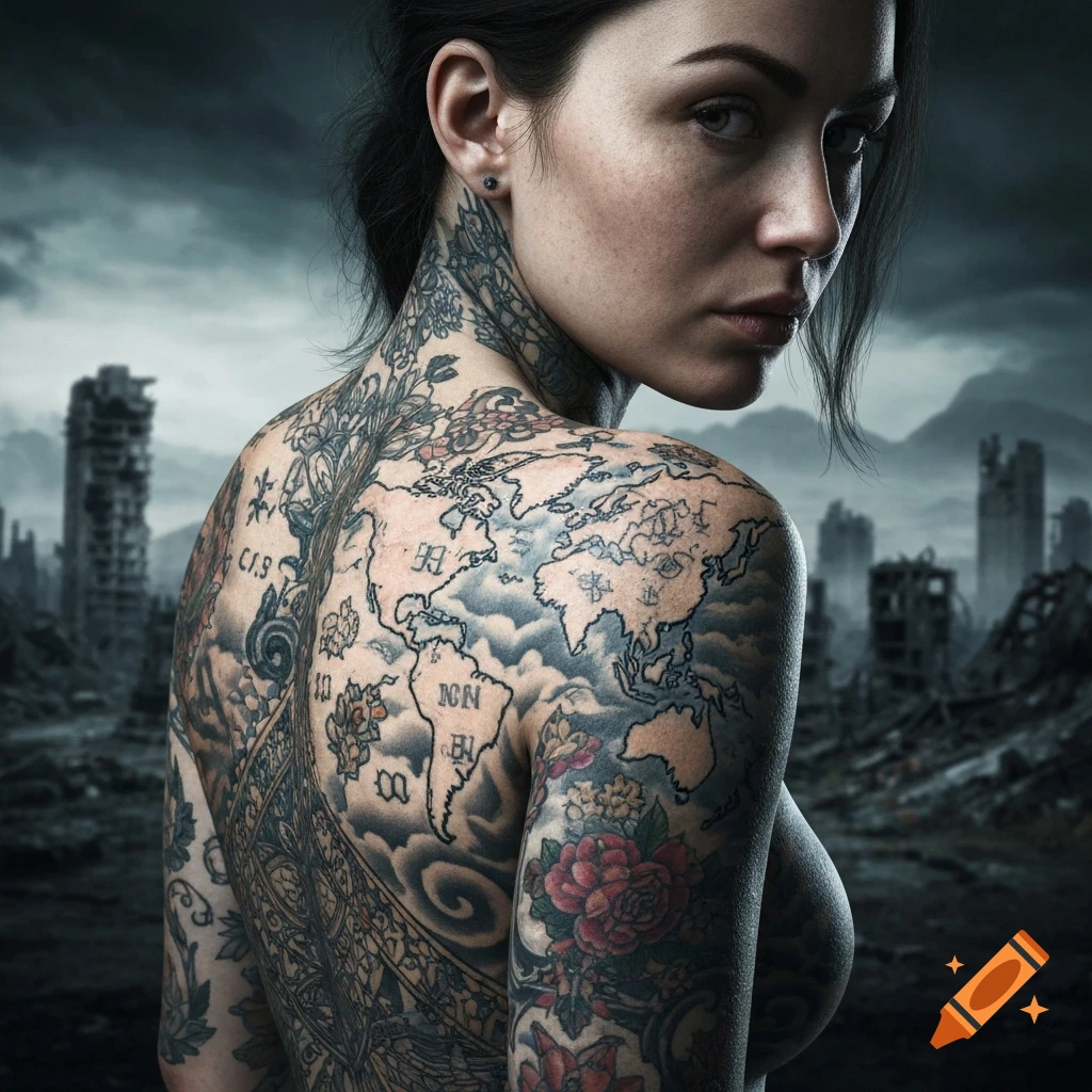 Close-up portrait of a woman with full back and shoulder tattoos depicting a world map and flowers, in front of a ruined city.