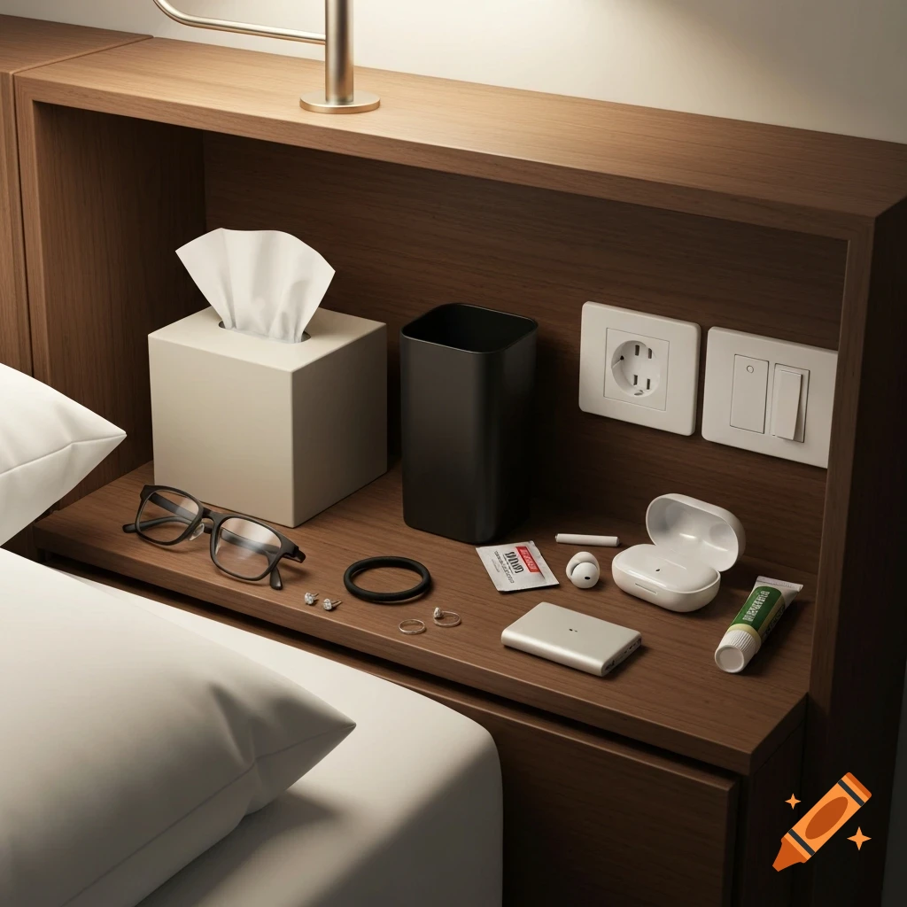 A photorealistic wooden bedside nook with tissues, glasses, jewelry, earphones, a power bank, a small bin, and a green tube.