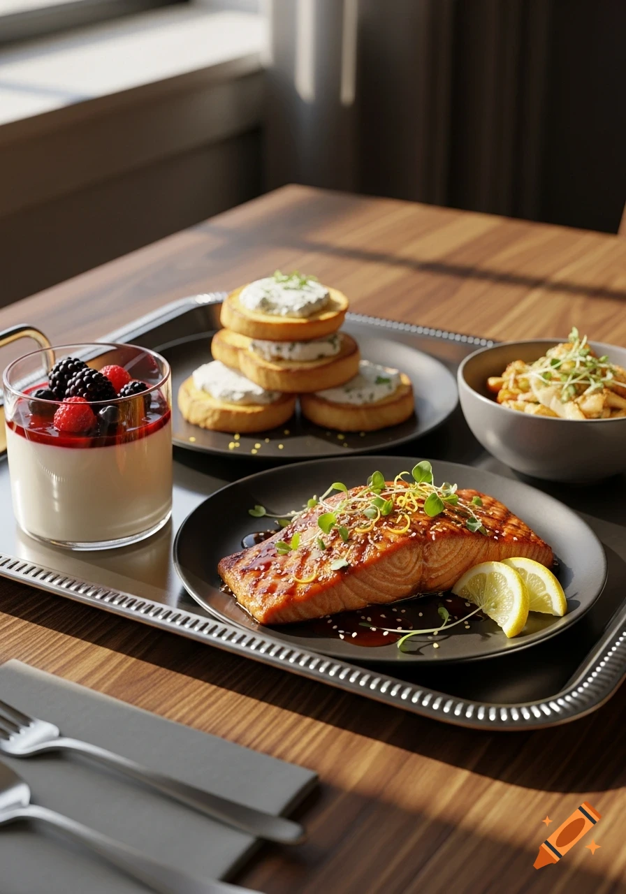 A photorealistic image of a full meal on a tray, featuring salmon, small toasts, a berry panna cotta, and noodles.