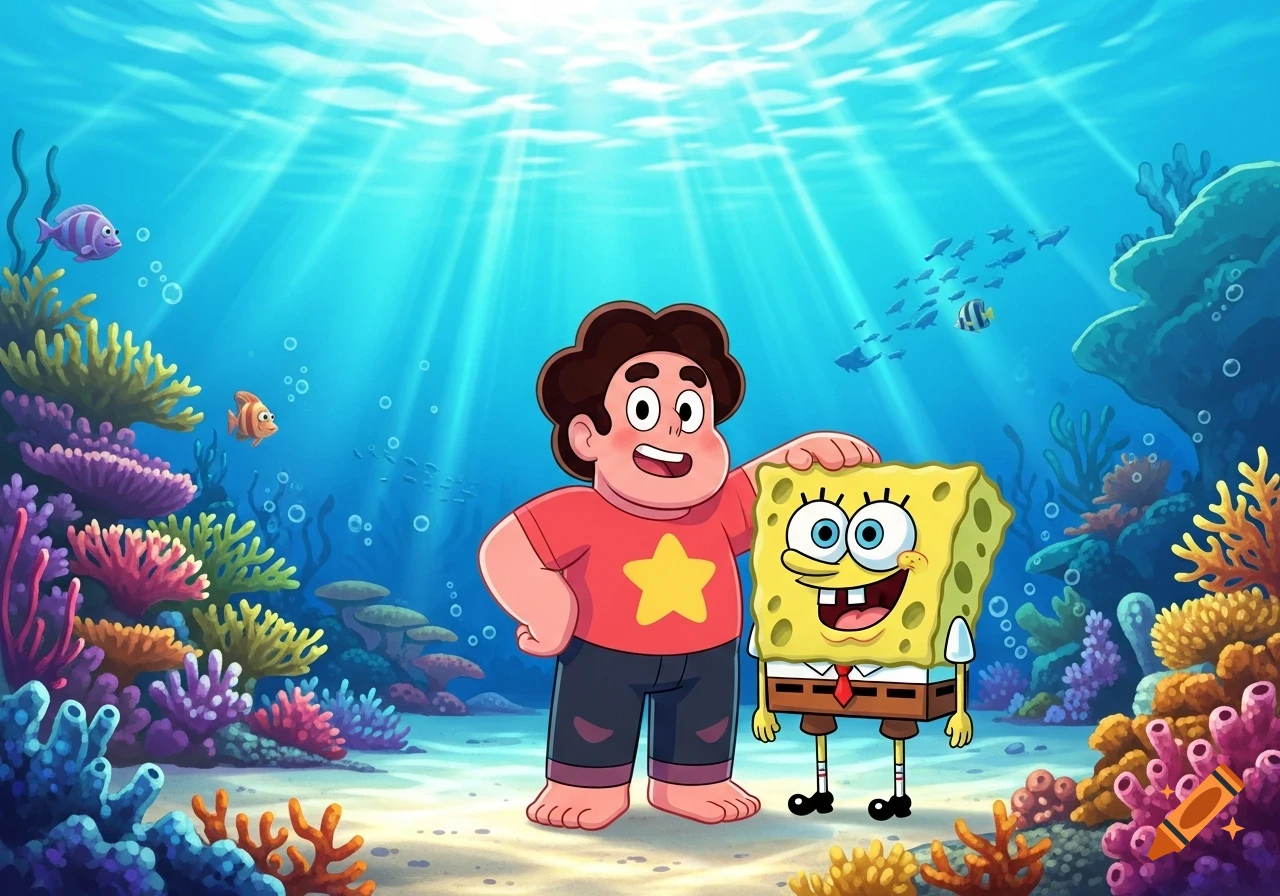 Cartoon Steven Universe and Spongebob Squarepants stand side-by-side underwater with colorful coral and fish.