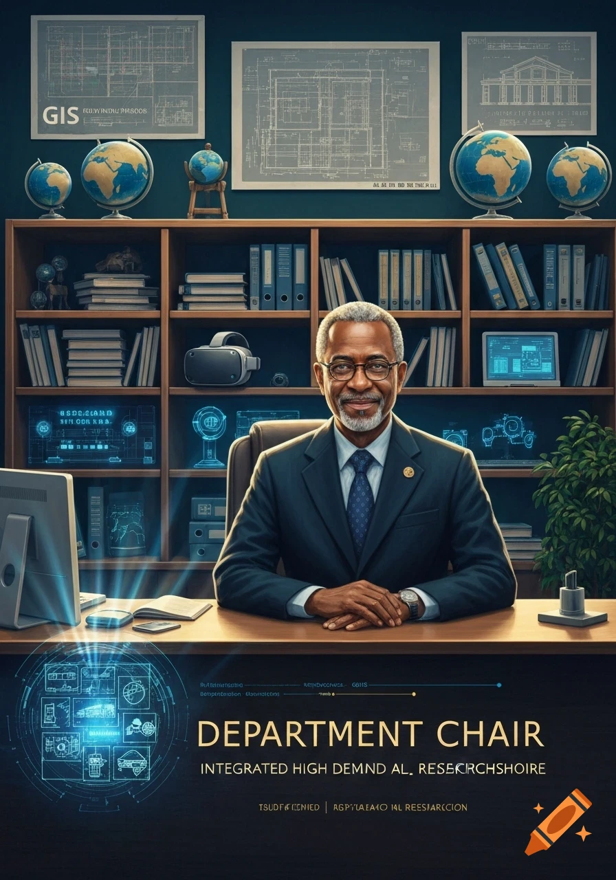 Photorealistic portrait of a smiling Black man in a suit, sitting at a desk in an office with bookshelves, globes, and technology displays.