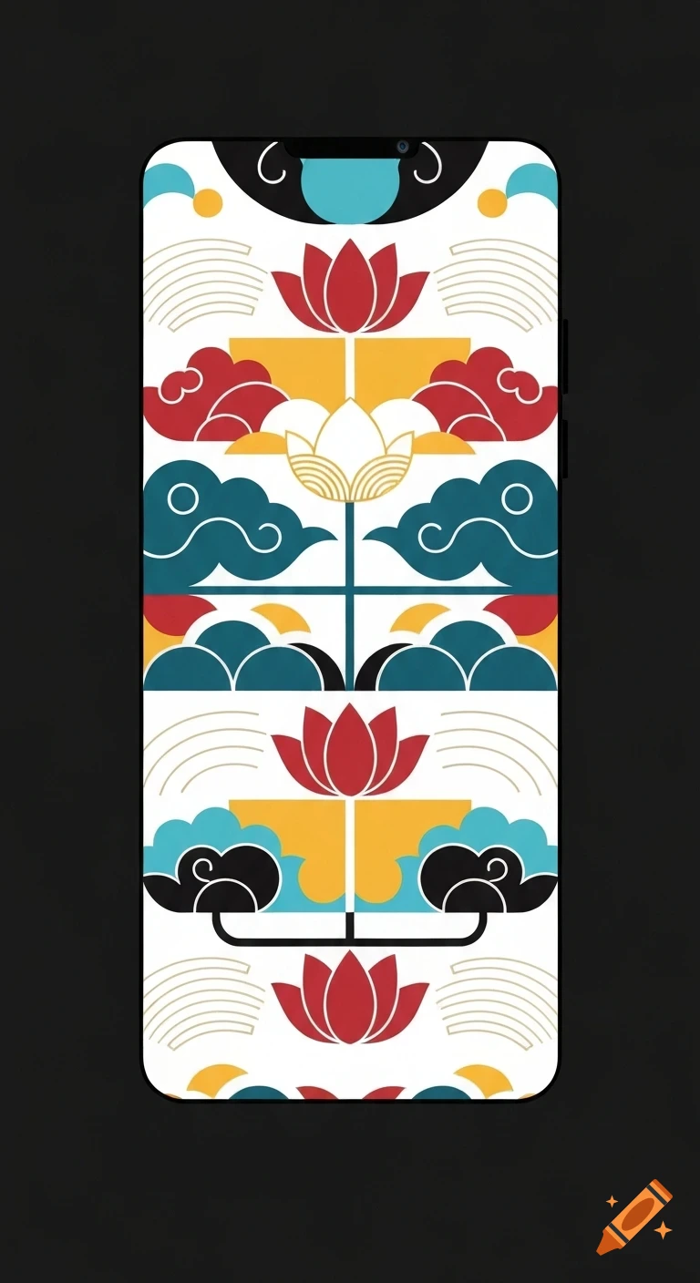Vibrant smartphone wallpaper with symmetrical abstract lotus and cloud patterns in blue-green, red, yellow, white, and black, inspired by Korean Dancheong art.