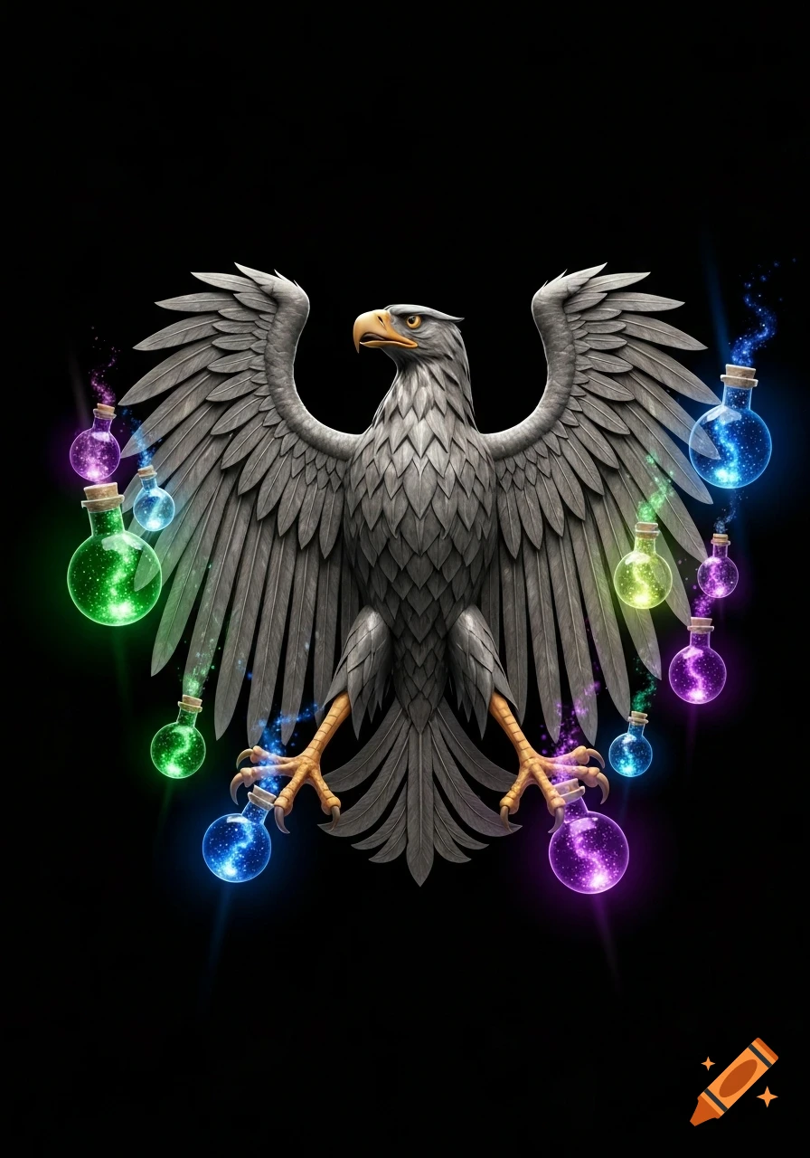 A stylized grey eagle with outstretched wings, surrounded by numerous glowing green, blue, purple, and yellow vials against a black background.